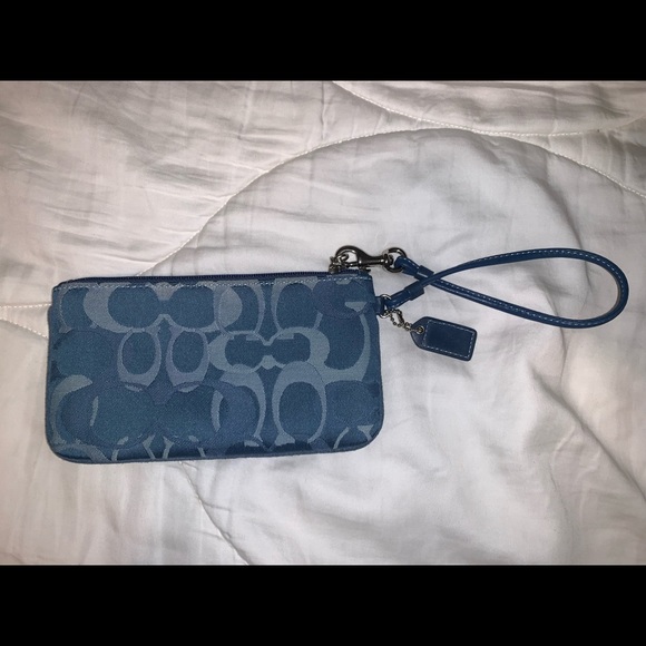 Steel Blue Coach Logo Fabric Wristlet with Leather Trim - Picture 2 of 4